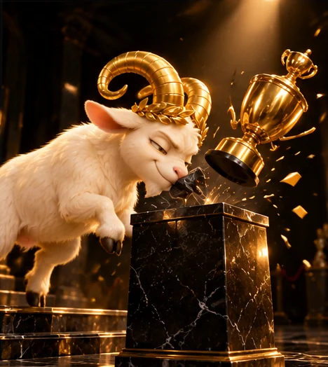 The goat headbutting a smaller rival trophy clean off its marble pedestal.