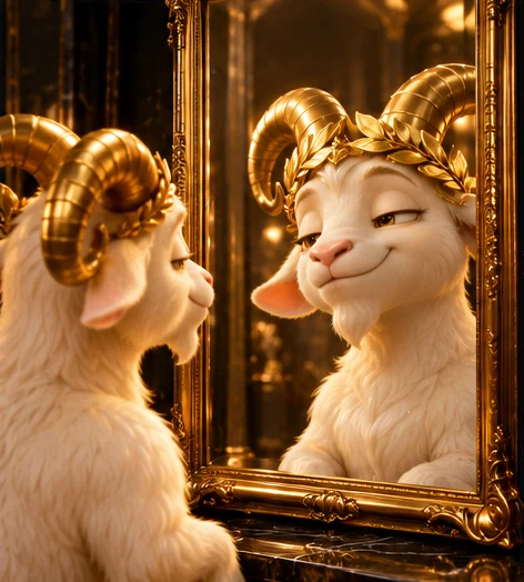 The goat nodding at his reflection in a gold mirror, while the reflection nods back even harder.