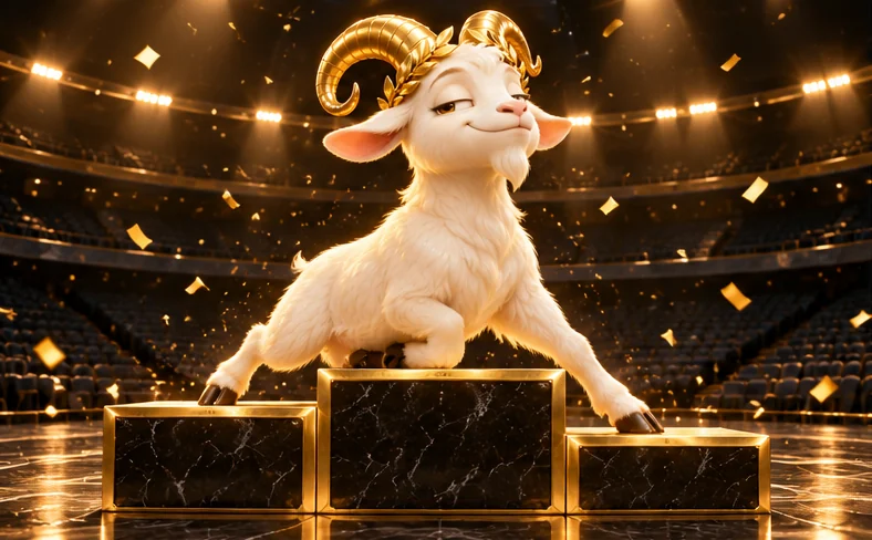 The goat stretched across all three steps of the podium at once, gold confetti falling over an empty stadium that he booked for himself.
