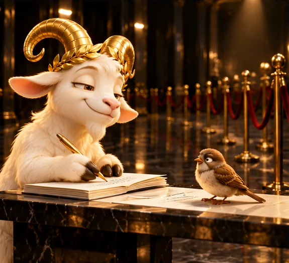 The goat signing an autograph for a single confused sparrow, with a long empty velvet queue behind them.