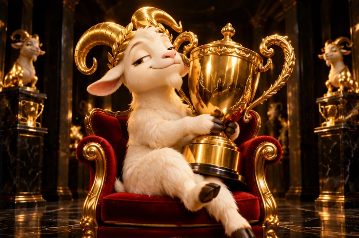 The goat on a red velvet chair, hugging a giant gold trophy that he awarded to himself for services to himself.